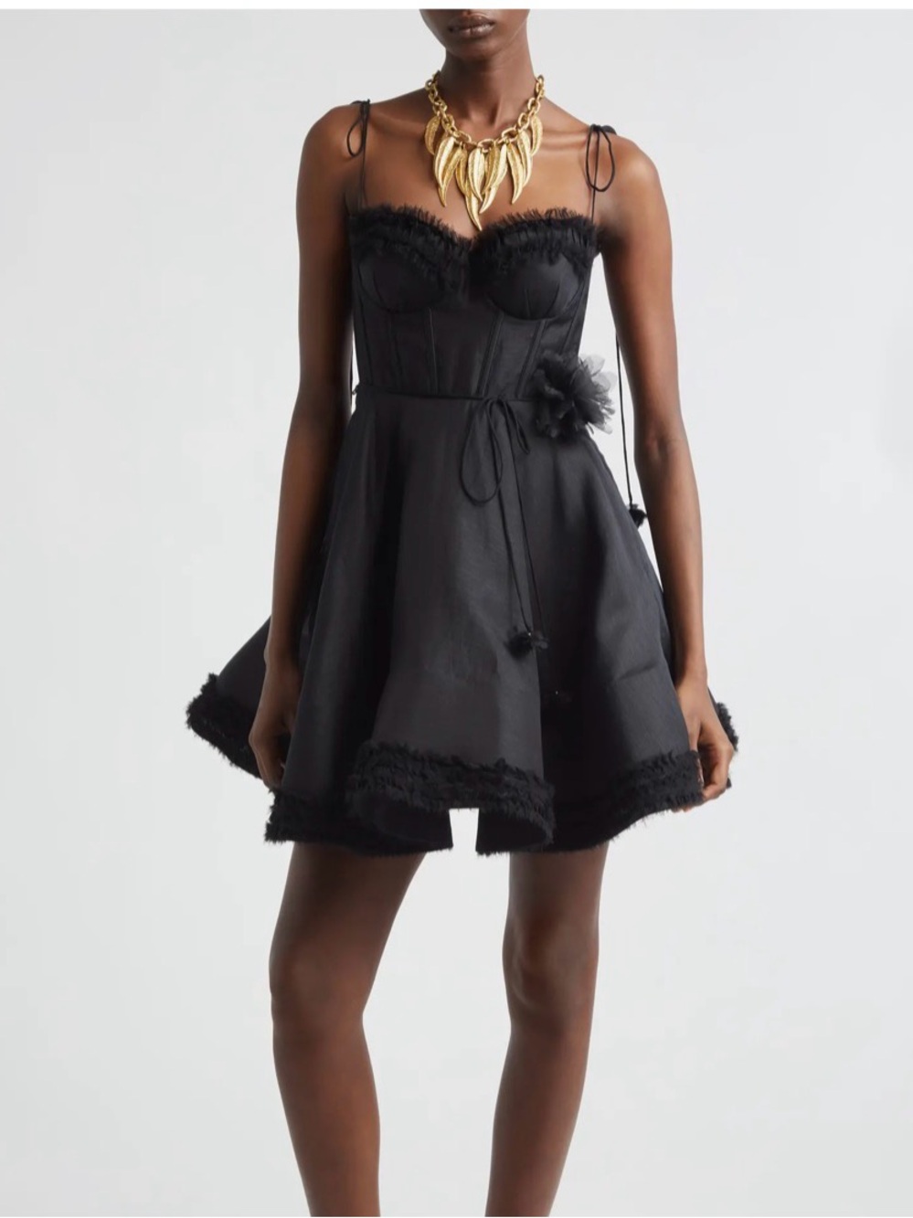 Zimmermann Black Ruffle Mini Dress with Corset Detail
